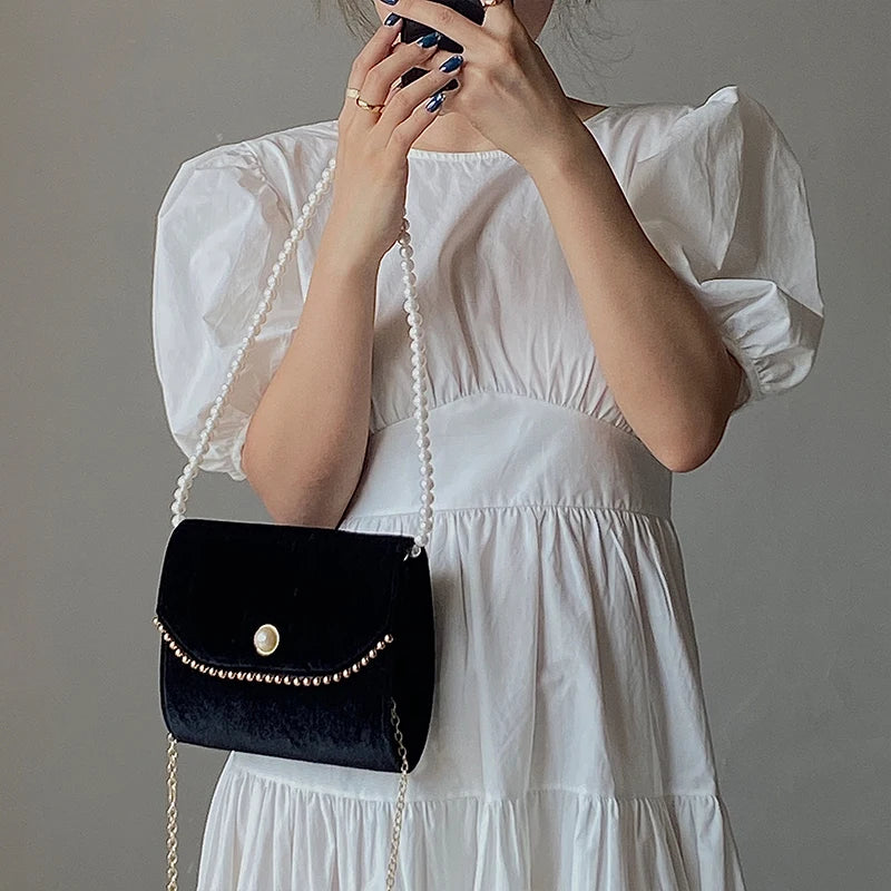 Vintage Pearl Chain Evening Shoulder Bag Ladies Clutch Purse Crossbody Handbag