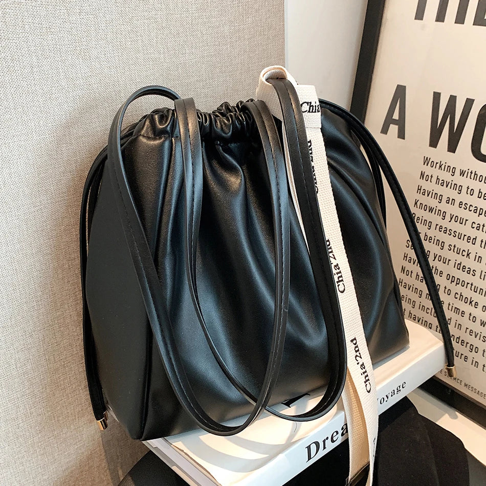 Ribbons Women's Bucket Handbags Vintage PU Leather Shoulder Bags for Women