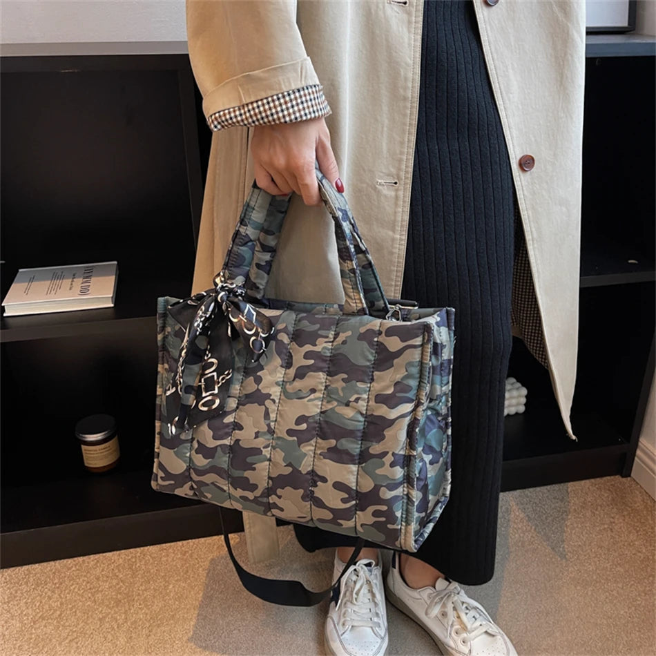 Quilted Padded Winter Totes Bag Down Fabric Cotton Shoulder Crossbody Bags