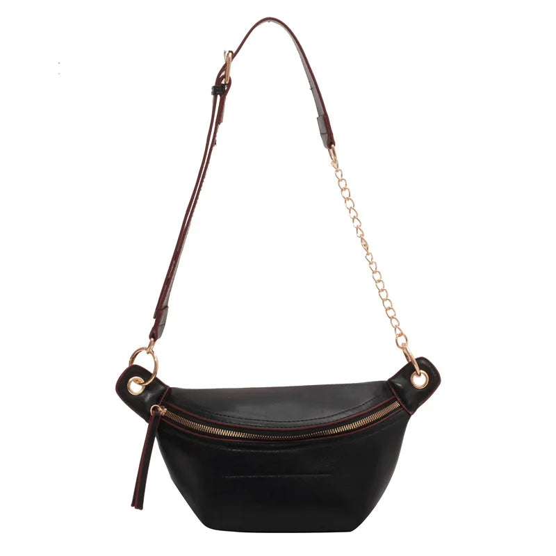 Solid Colour PU Leather Waist Bag for Women Chain Waist Pack Fanny Pack Female