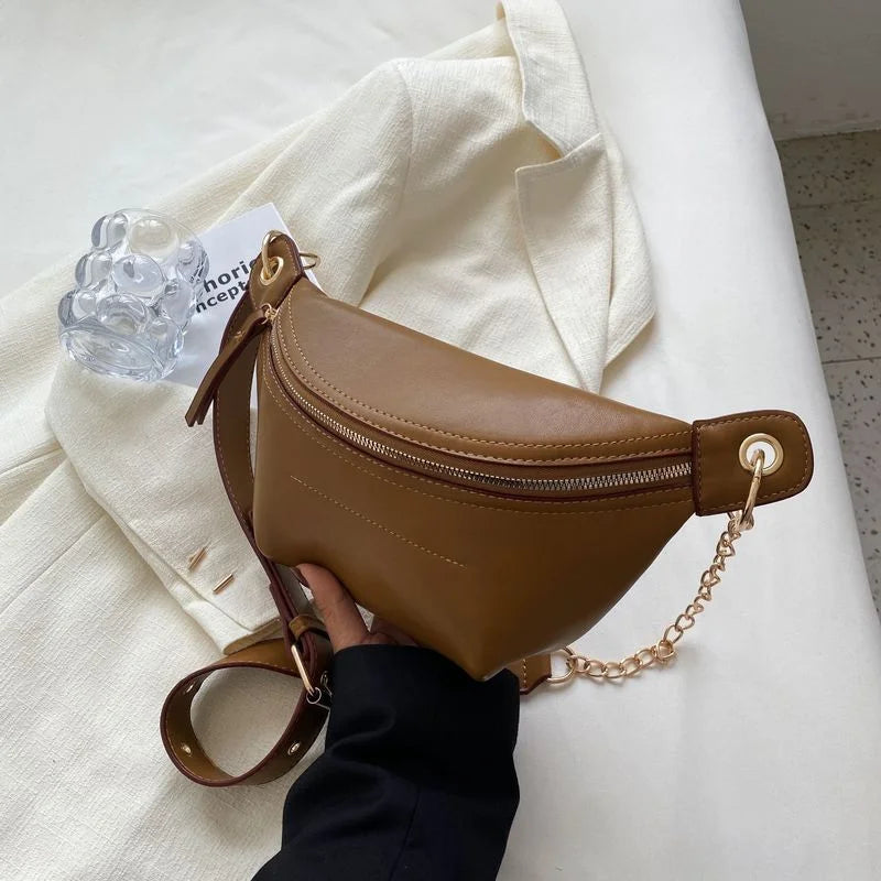 Solid Colour PU Leather Waist Bag for Women Chain Waist Pack Fanny Pack Female