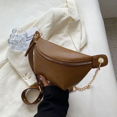Solid Colour PU Leather Waist Bag for Women Chain Waist Pack Fanny Pack Female
