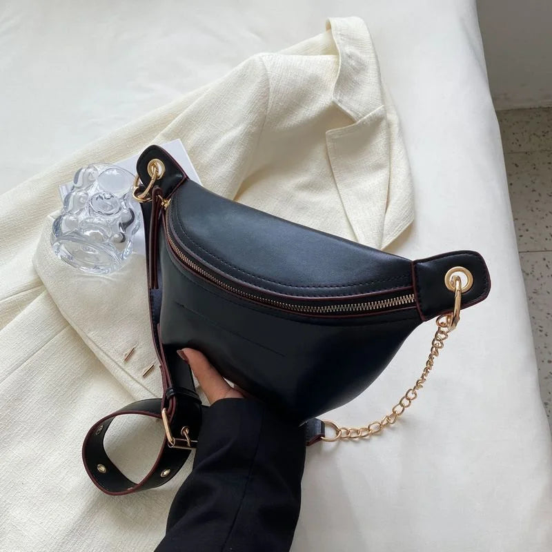 Solid Colour PU Leather Waist Bag for Women Chain Waist Pack Fanny Pack Female