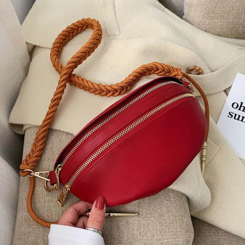 Stylish Braid Belt Waist Pack Women PU Leather Waist Bag