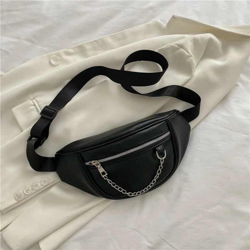Stylish PU Leather Waist Bag Chain Fanny Pack Female Chest Bag