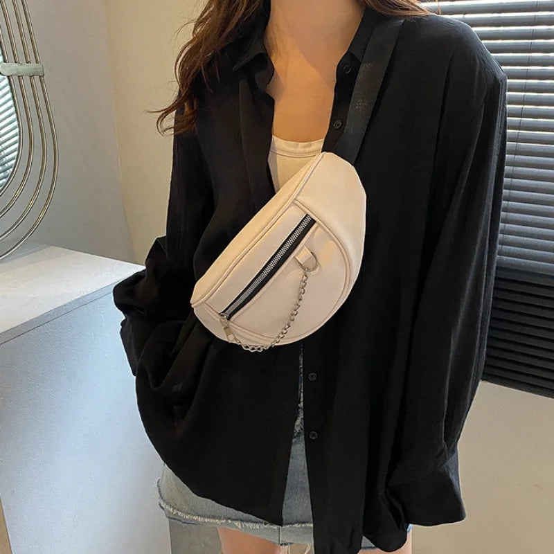 Stylish PU Leather Waist Bag Chain Fanny Pack Female Chest Bag