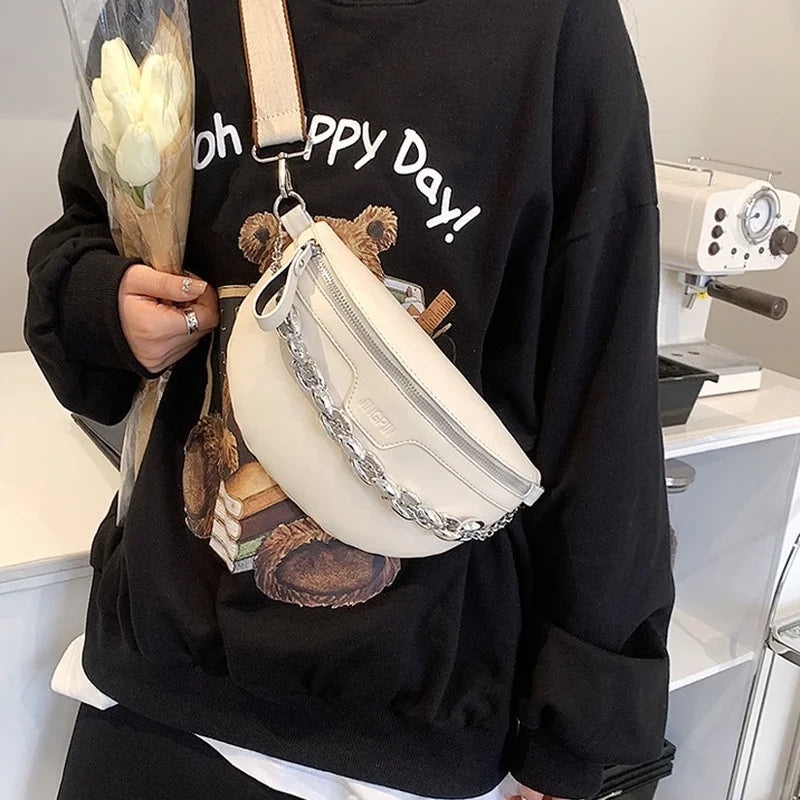 Solid Colour PU Leather Waist Bag For Women Stylish Fanny Pack