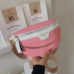 Striped PU Leather Chain Waist Bag for Women Fanny Pack Female