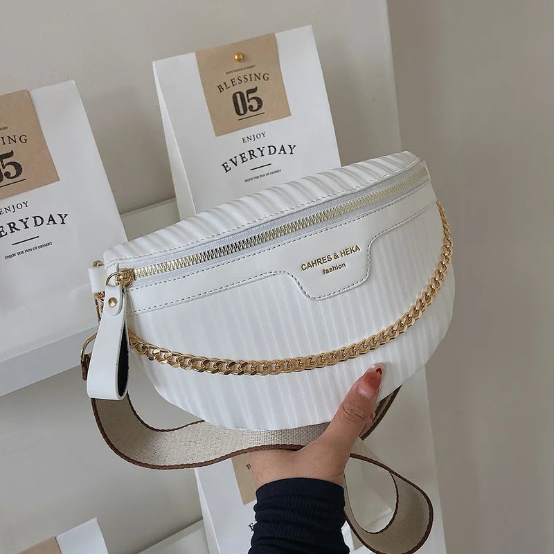 Striped PU Leather Chain Waist Bag for Women Fanny Pack Female