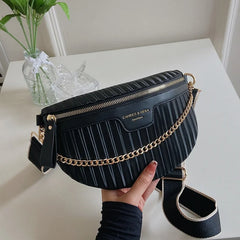 Striped PU Leather Chain Waist Bag for Women Fanny Pack Female