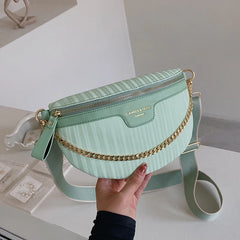 Striped PU Leather Chain Waist Bag for Women Fanny Pack Female