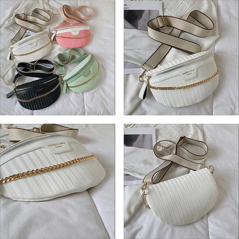 Striped PU Leather Chain Waist Bag for Women Fanny Pack Female
