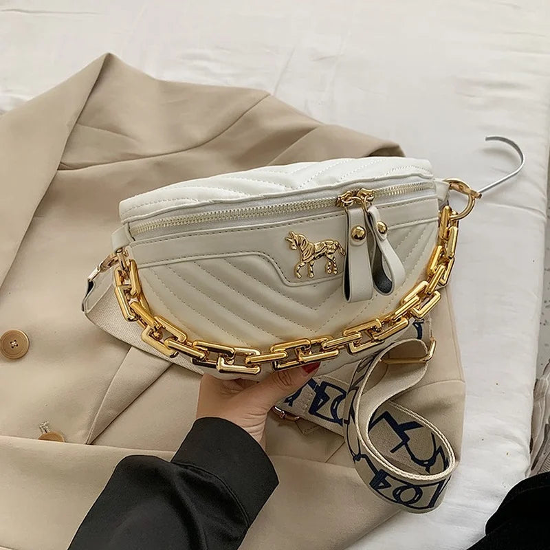 Tabby PU Leather Chain Waist Bags V Stripe Fanny Pack