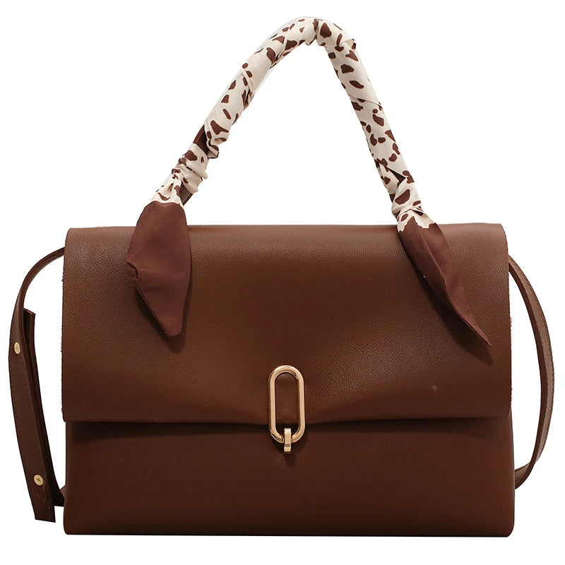 Vintage Silk Scarf Tote Bag PU Leather Women Handbag
