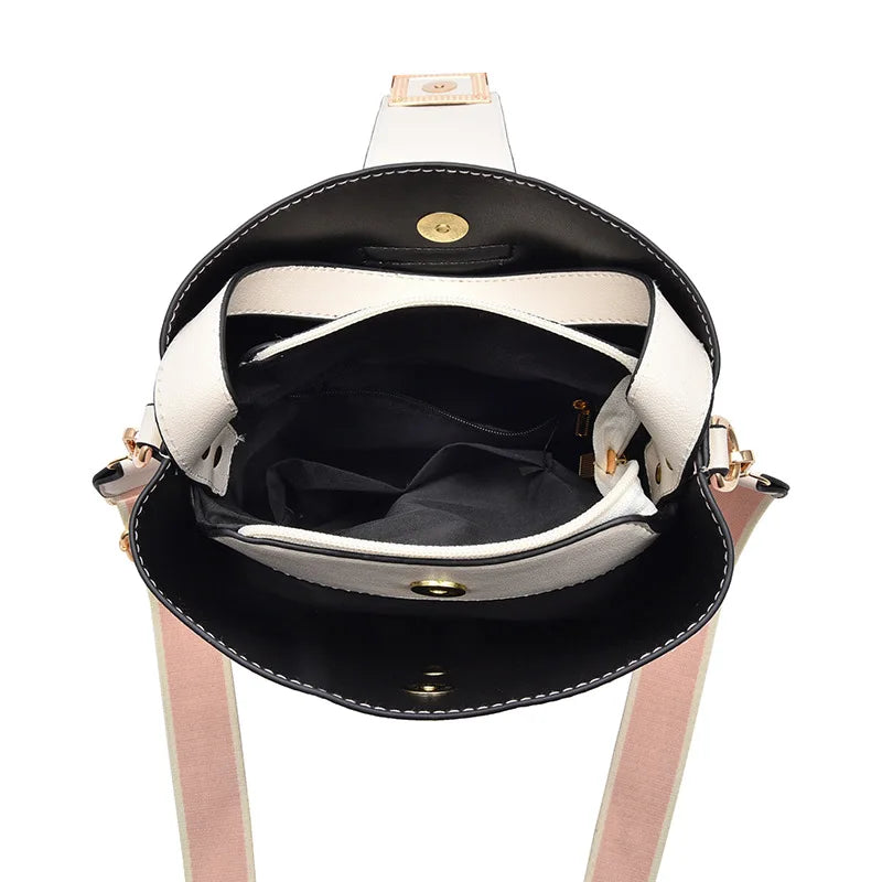 Texture Contrast Portable Bucket Bag Wide Shoulder Strap Single Shoulder Messeng