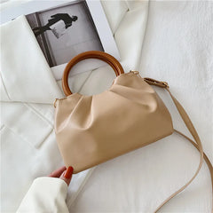 Women Casual Cloud Bag Fold Small Wooden Handle Handbag