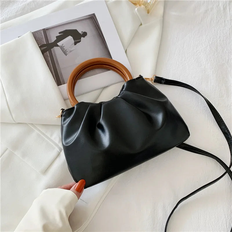 Women Casual Cloud Bag Fold Small Wooden Handle Handbag