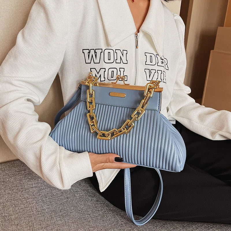 Women Chain Clutch Shoulder Bag Handbag Pleated Crossbody Bag