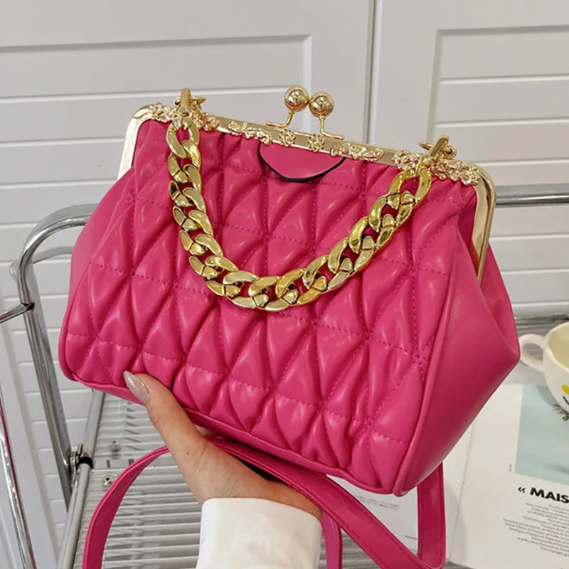 Beige Shoulder Bag Thick Chain Sling Fold Clutch