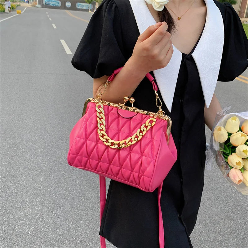 Beige Shoulder Bag Thick Chain Sling Fold Clutch