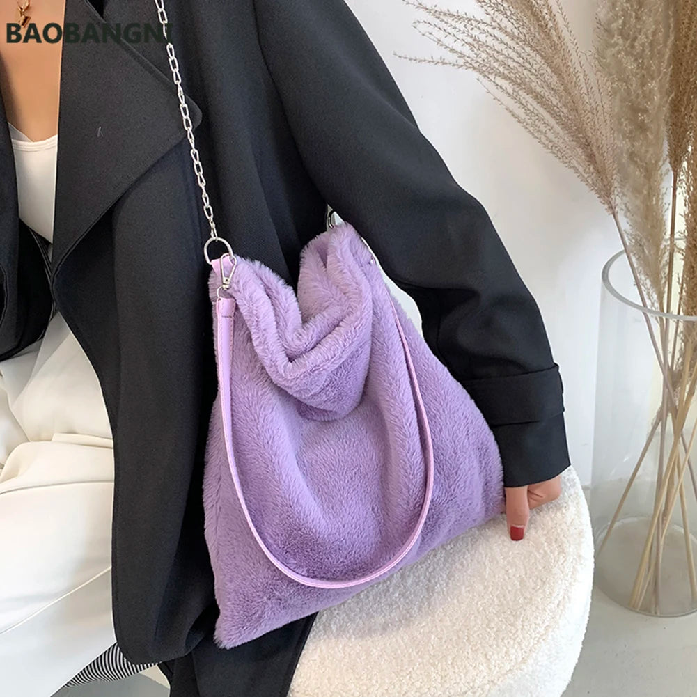 Winter Plush Bucket Bag Faux Fur Shopping Bag Large Capacity
