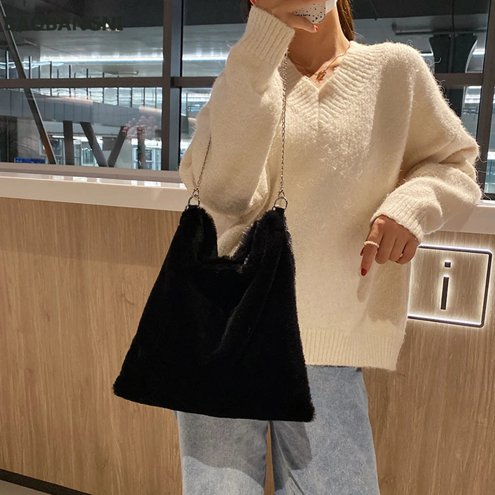 Winter Plush Bucket Bag Faux Fur Shopping Bag Large Capacity