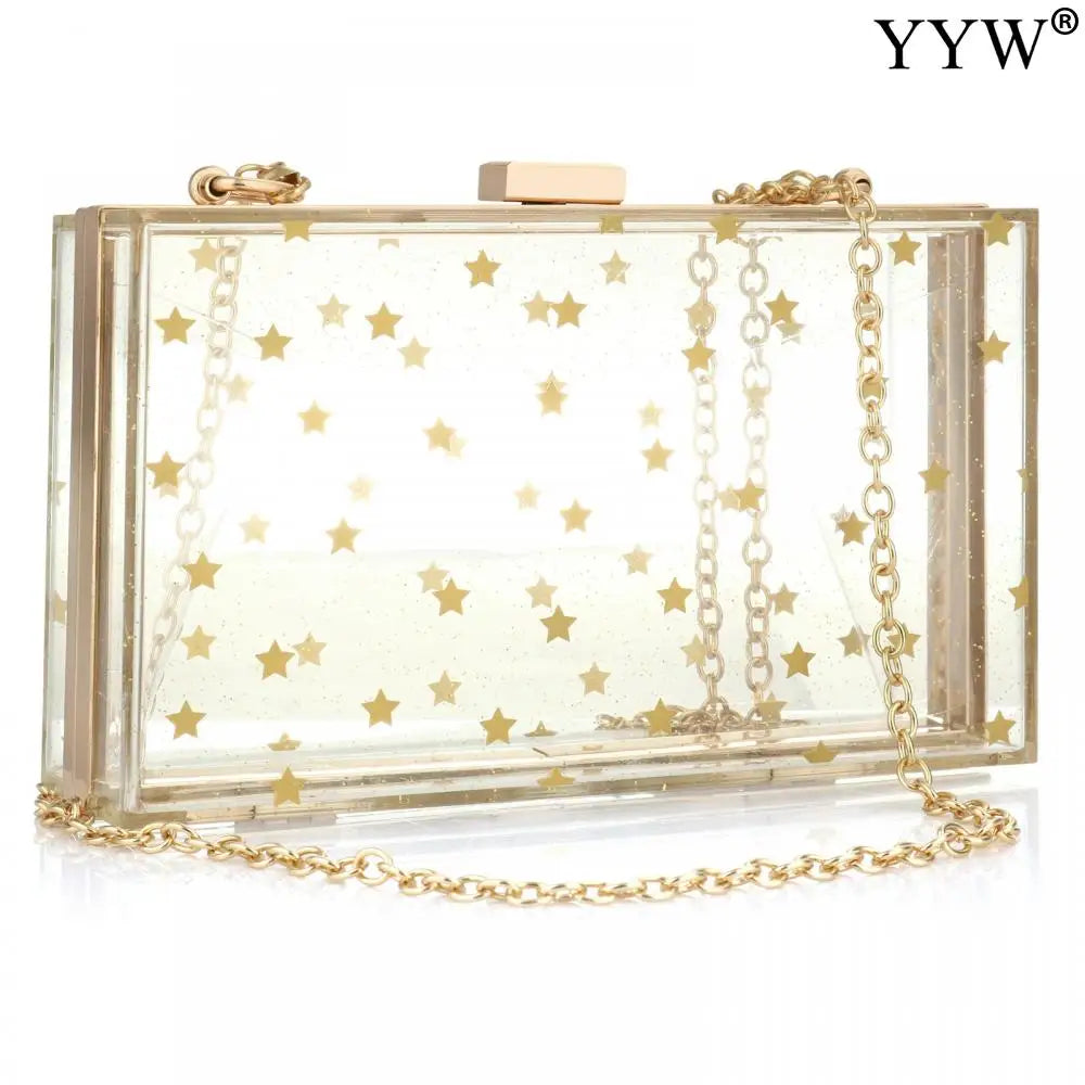Women Star Acrylic Clutch Bag Box Bag Shoulder Sequined Transparent For Ladies