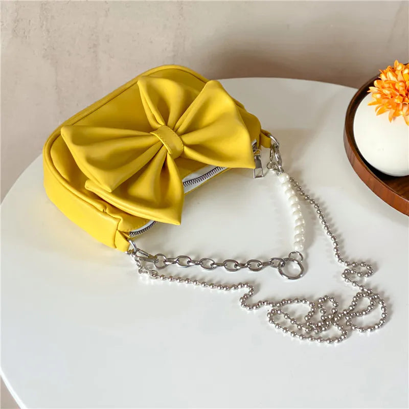 Women's Bow PU Leather Handbag Small Beaded Crossbody Bag Tote Bag