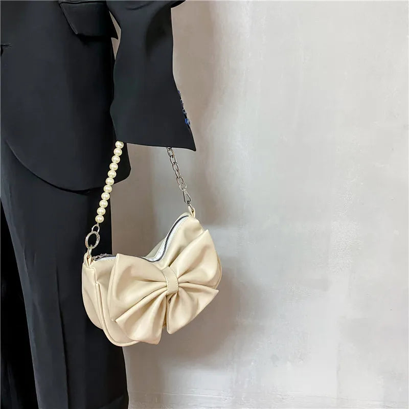 Women's Bow PU Leather Handbag Small Beaded Crossbody Bag Tote Bag