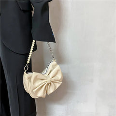 Women's Bow PU Leather Handbag Small Beaded Crossbody Bag Tote Bag