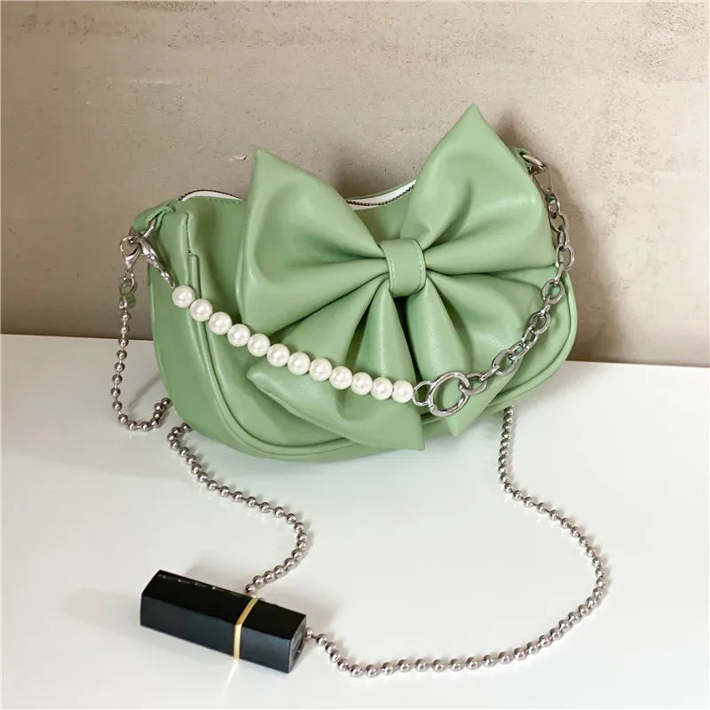 Women's Bow PU Leather Handbag Small Beaded Crossbody Bag Tote Bag