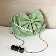 Women's Bow PU Leather Handbag Small Beaded Crossbody Bag Tote Bag