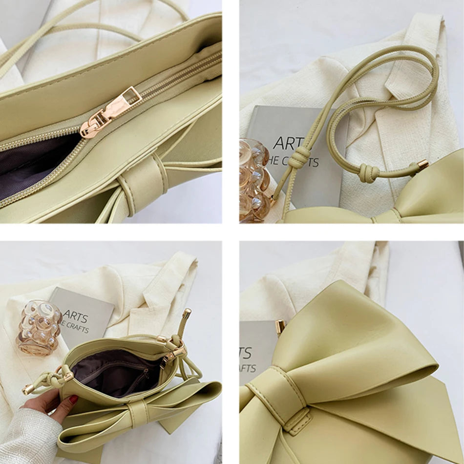 Women's Bow Underarm Bag Leather Shoulder Messenger Bags Lady Purses