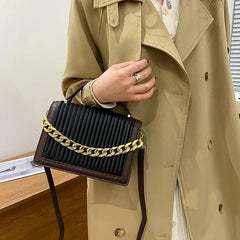 Women's Plicated Stripe Leather Shoulder Bag Top Handle Totes