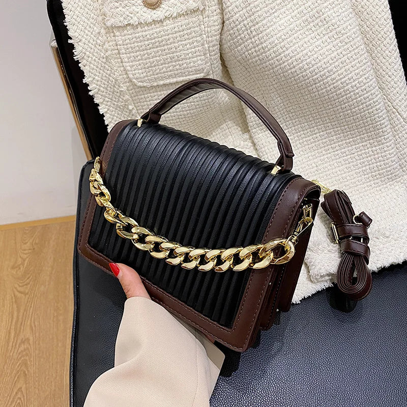 Women's Plicated Stripe Leather Shoulder Bag Top Handle Totes