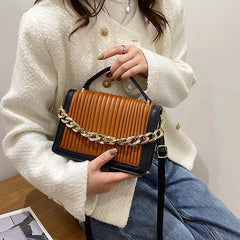 Women's Plicated Stripe Leather Shoulder Bag Top Handle Totes
