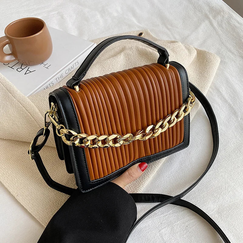 Women's Plicated Stripe Leather Shoulder Bag Top Handle Totes