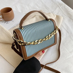Women's Plicated Stripe Leather Shoulder Bag Top Handle Totes