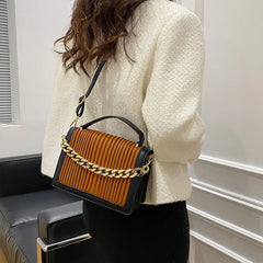 Women's Plicated Stripe Leather Shoulder Bag Top Handle Totes