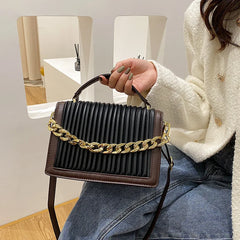 Women's Plicated Stripe Leather Shoulder Bag Top Handle Totes