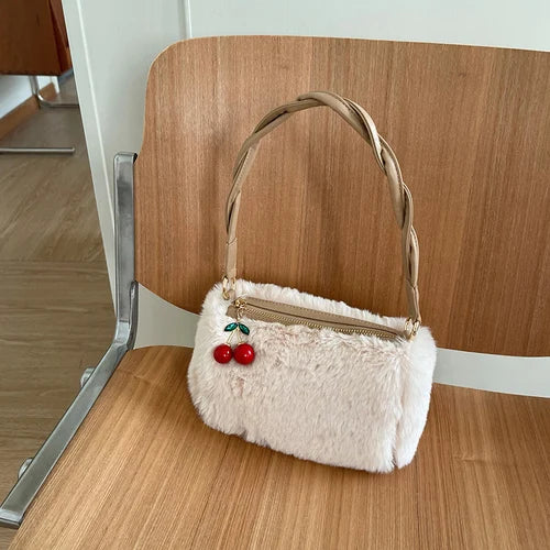 Women's Plush Underarm Bag with Cherry Pendant