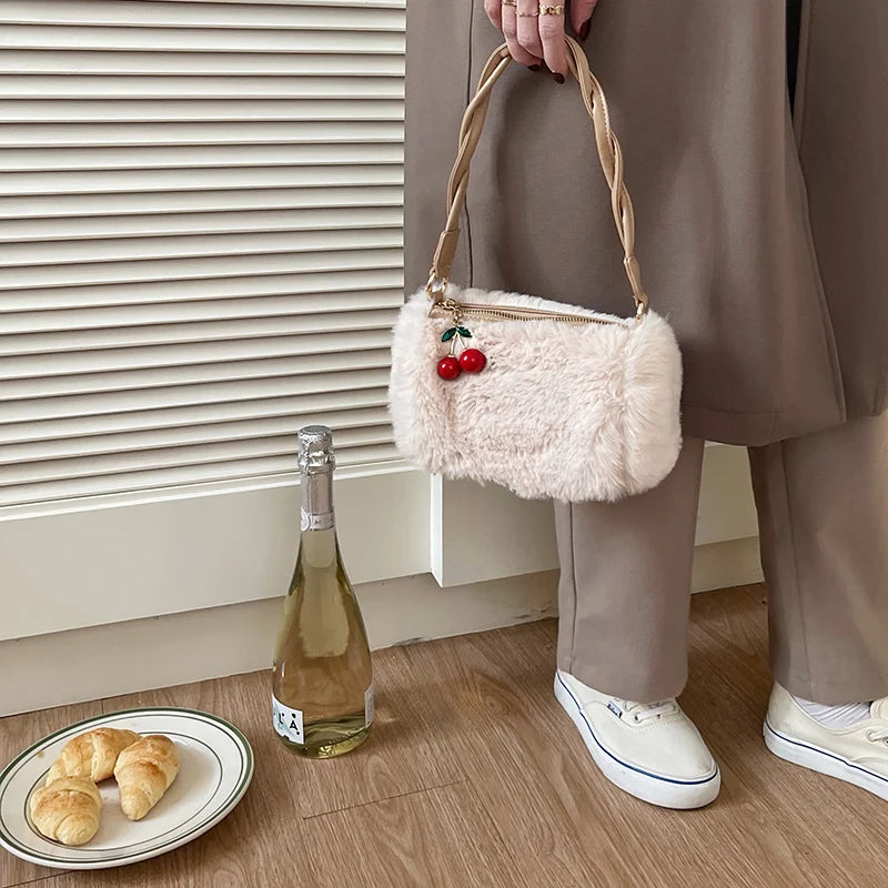 Women's Plush Underarm Bag with Cherry Pendant