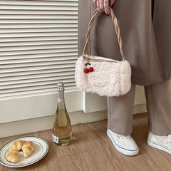 Women's Plush Underarm Bag with Cherry Pendant