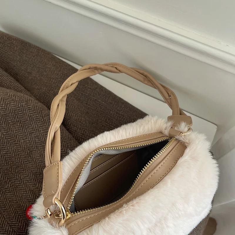 Women's Plush Underarm Bag with Cherry Pendant