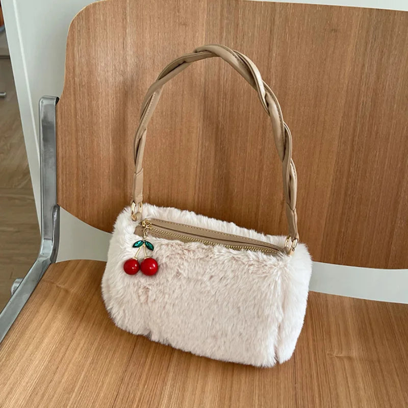 Women's Plush Underarm Bag with Cherry Pendant