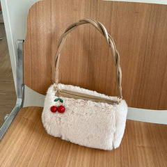 Women's Plush Underarm Bag with Cherry Pendant