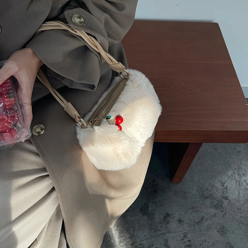 Women's Plush Underarm Bag with Cherry Pendant