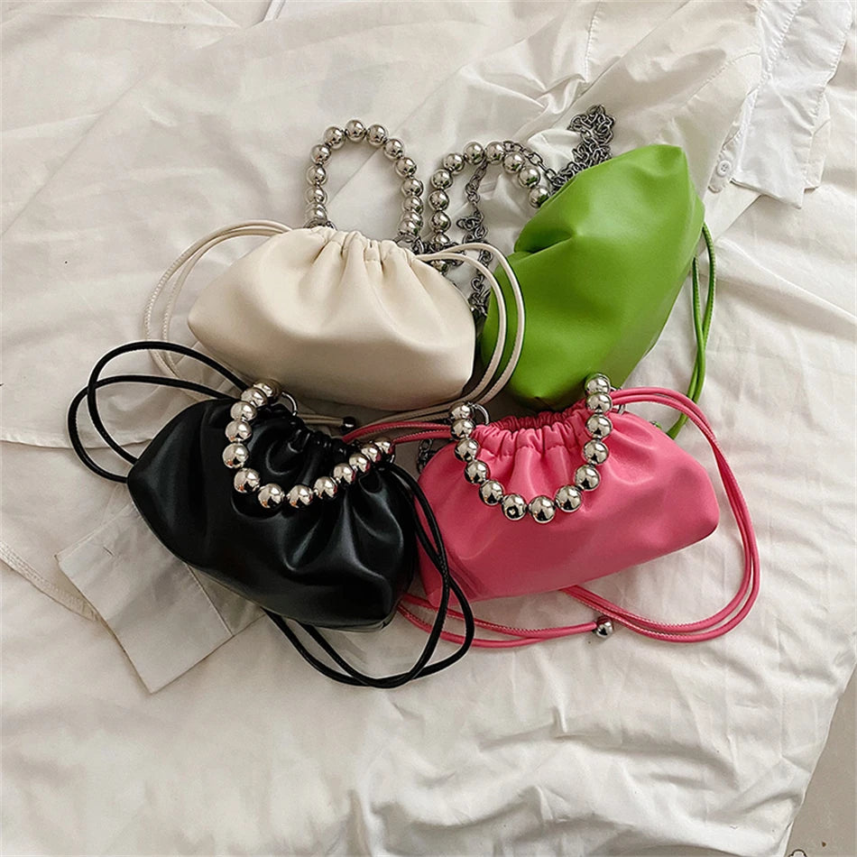 Women's Leather Cloud Bag Beaded Short Handle Shoulder Crossbody Bag