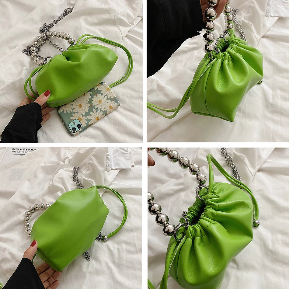 Women's Leather Cloud Bag Beaded Short Handle Shoulder Crossbody Bag