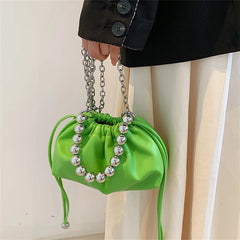 Women's Leather Cloud Bag Beaded Short Handle Shoulder Crossbody Bag